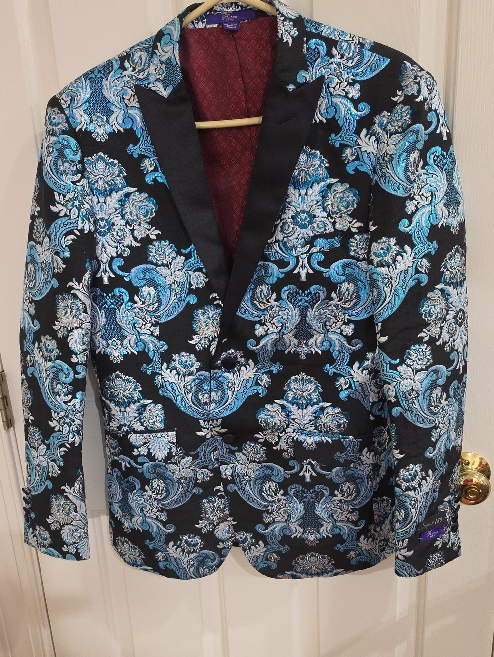 Retro Paris Men Blue Metallic Damask Tuxedo Blazer Jacket Super 180s Slim Fit